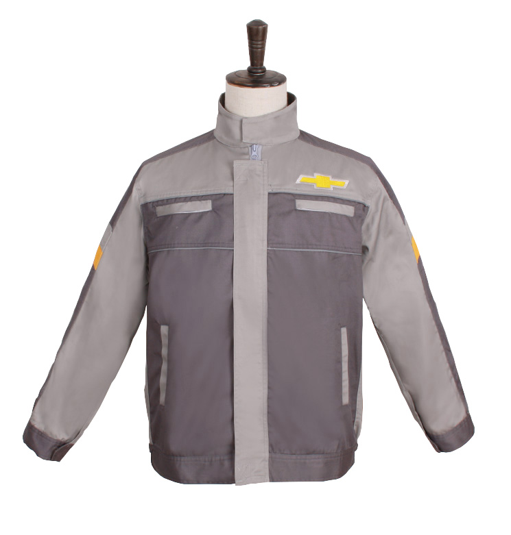 正面大图，整体采用深灰和浅灰搭配，前胸断开式，暗门襟带拉链