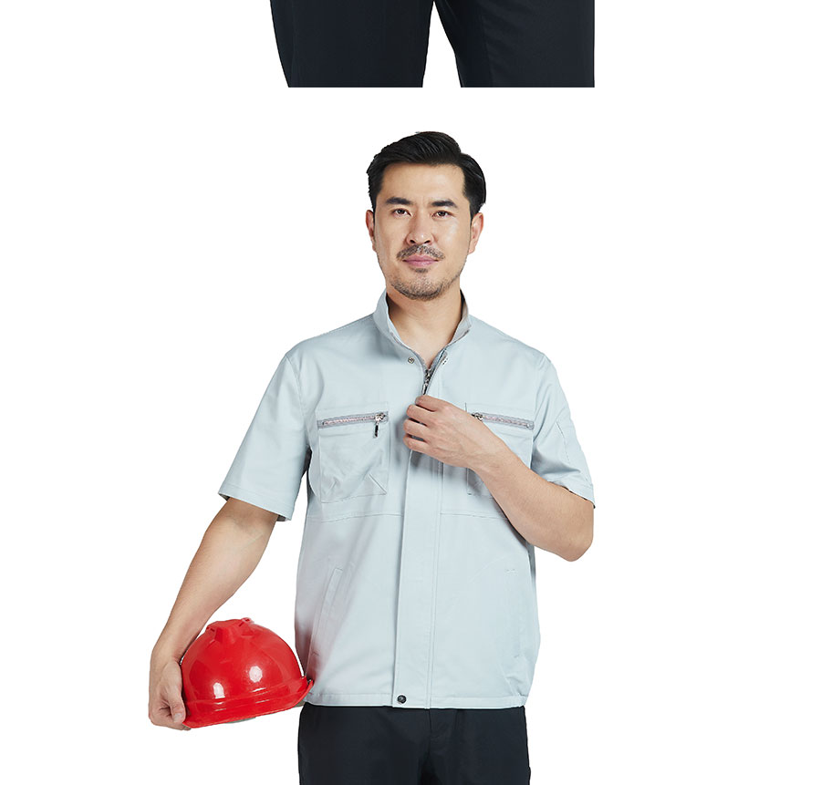 夏季立领纯色半袖工作服模特拿头盔展示